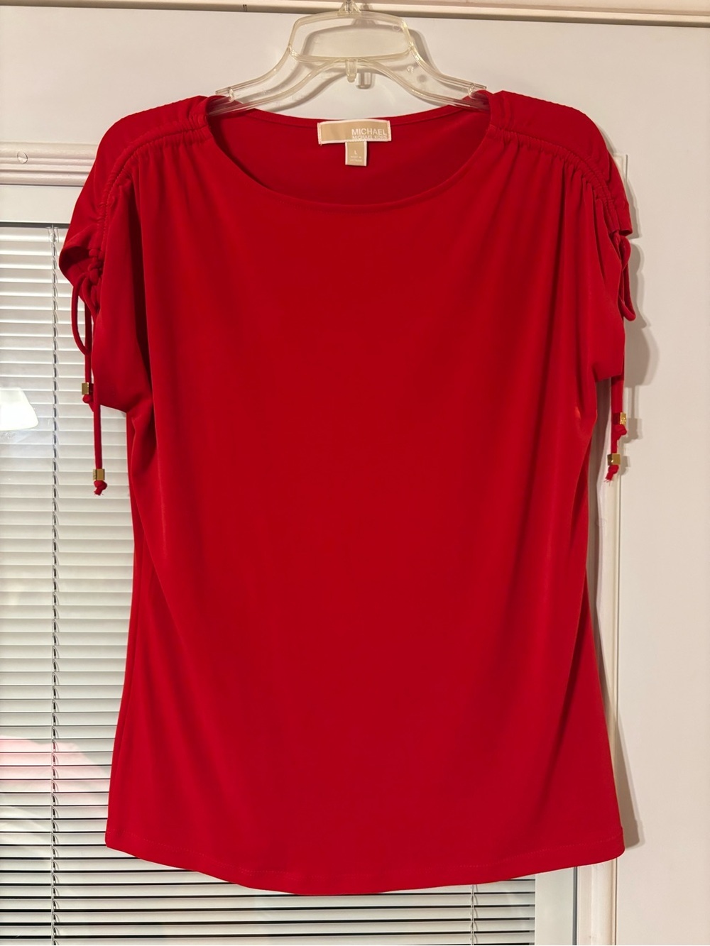 Michael Kors Red Short-Sleeve Ruched Tie Shoulder Top